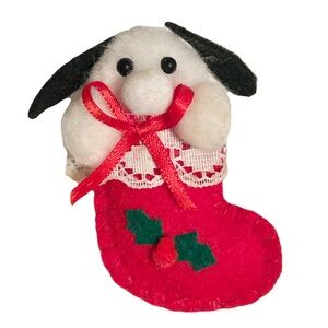 Vintage Handmade Felt 3D Plush Puppy Dog Christmas Stocking Brooch Pin